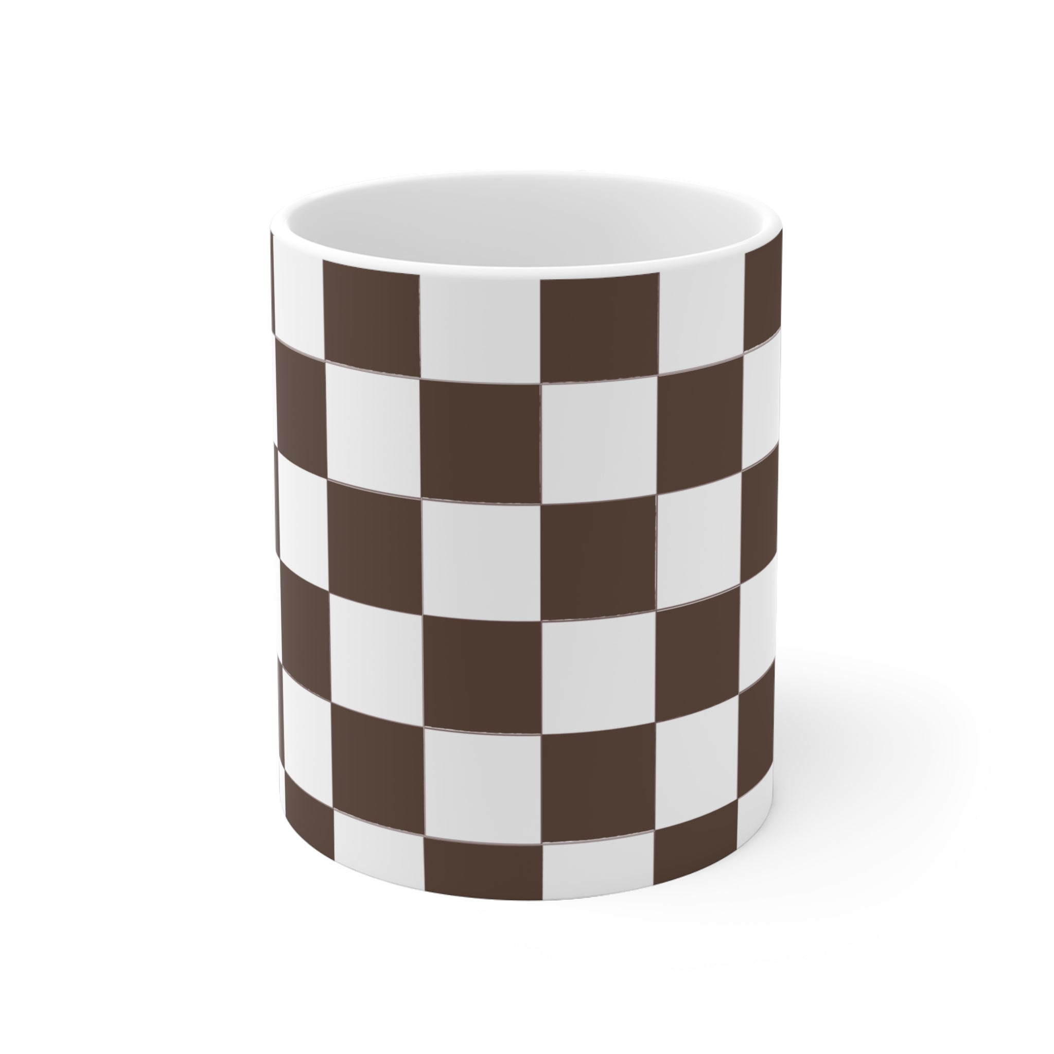 Checkerboard Ceramic Mug — Retro Brown & White Coffee Cup